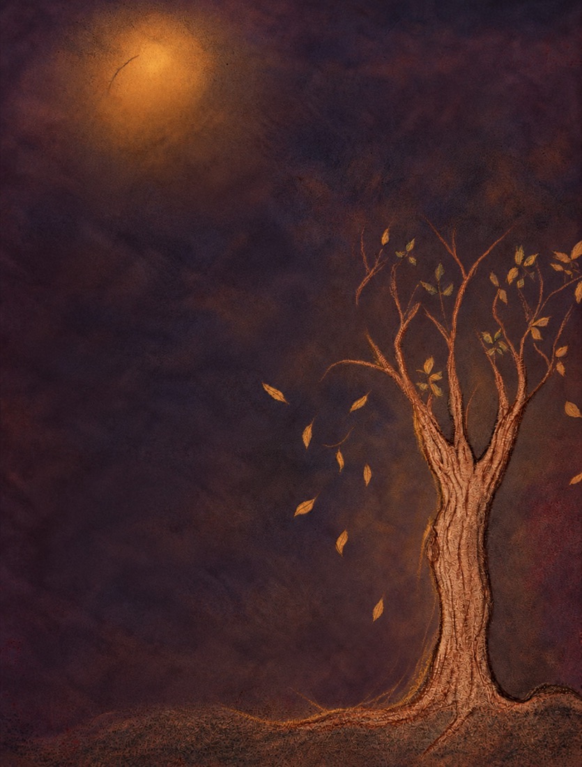 A painted autumn tree under an amber moon, its last leaves falling
